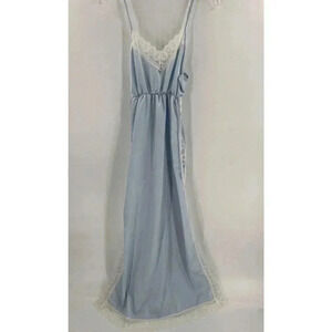 Vintage Yolande Blue Nylon & Lace Long Nightgown Gorgeous Leg Lace Split Sides